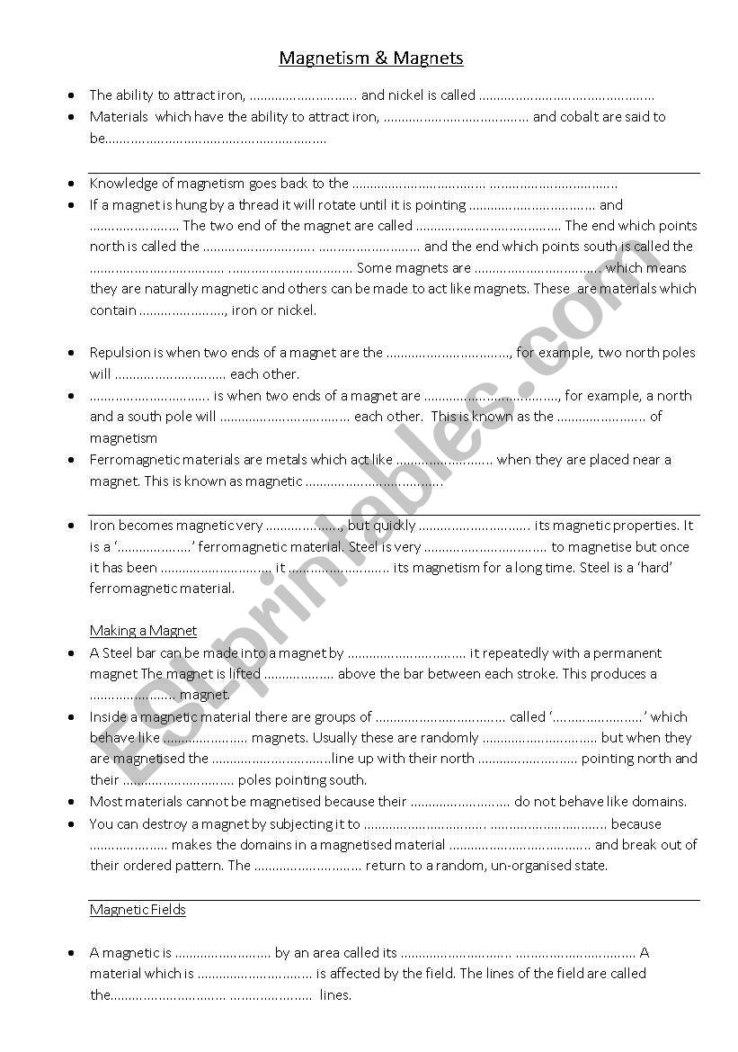 Magnetism Missing Words Task worksheet