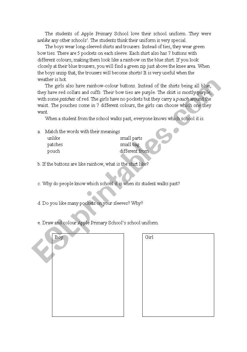 Apple Primary School Uniform worksheet