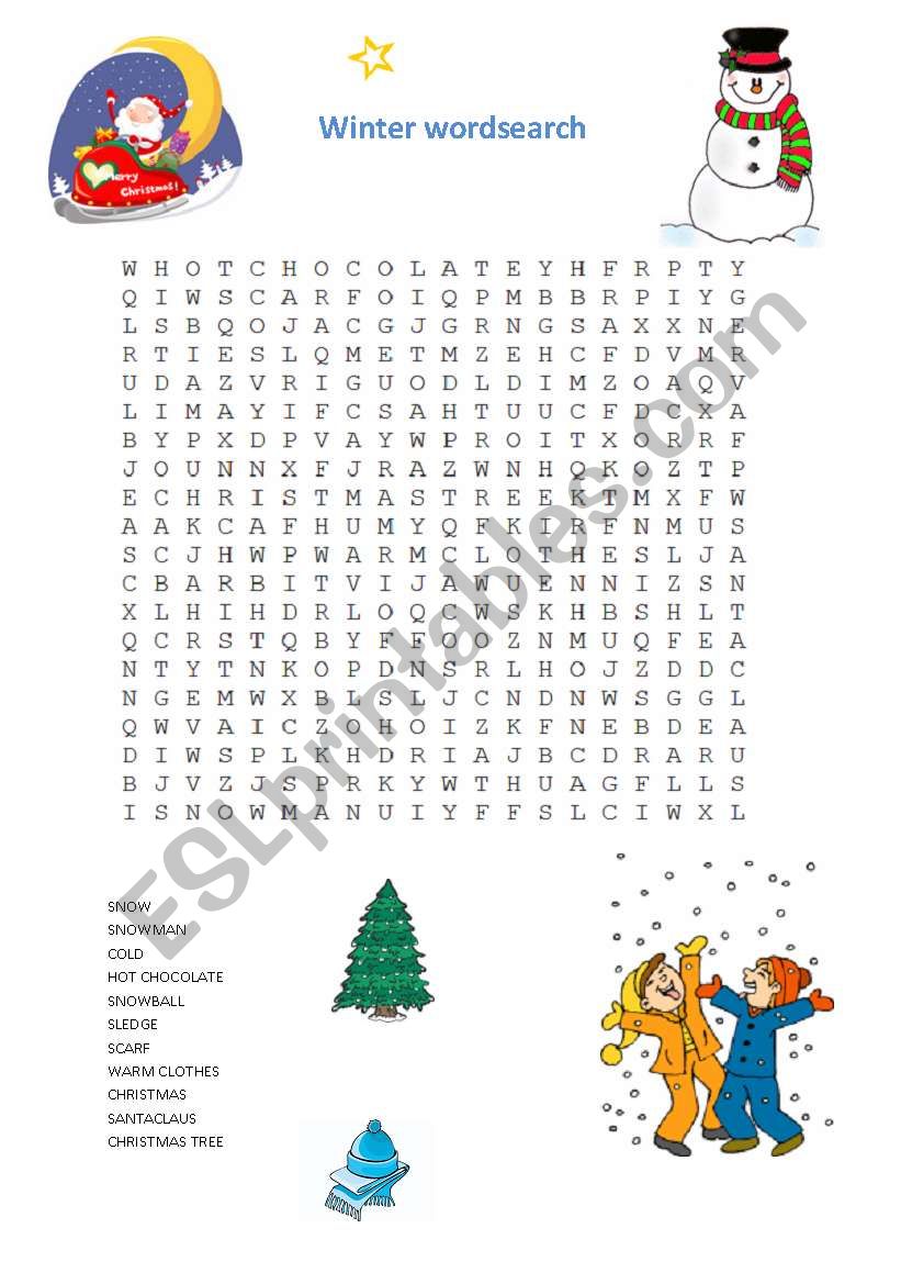 Winter wordsearch worksheet