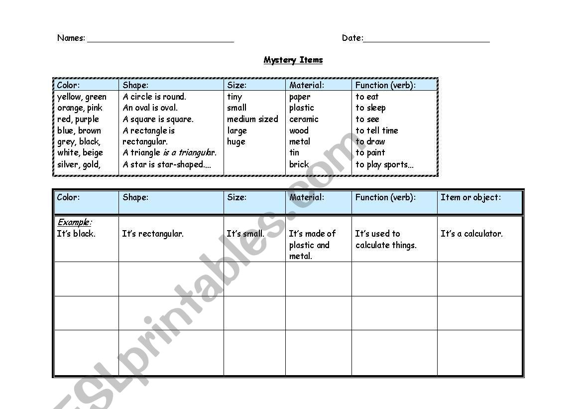 Mystery Items (colors, shapes, sizes, materials and verbs/functions)