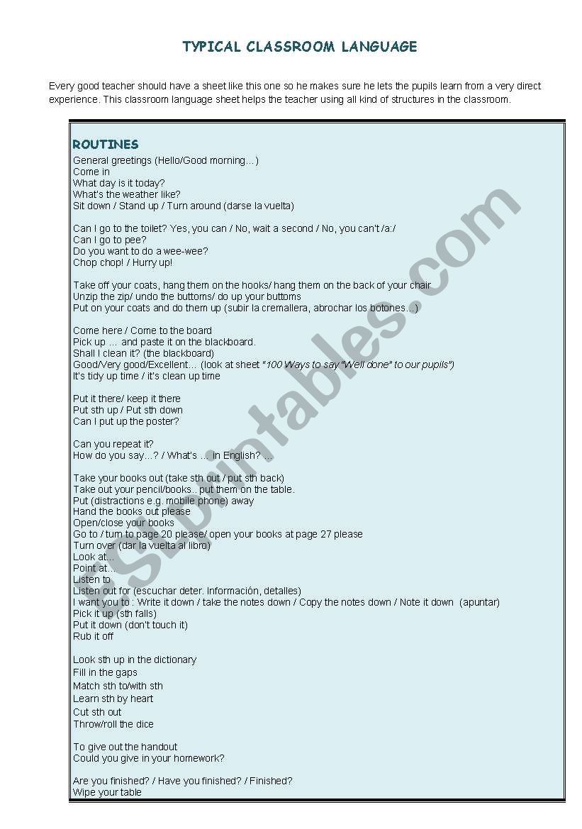 Typical classroom language worksheet