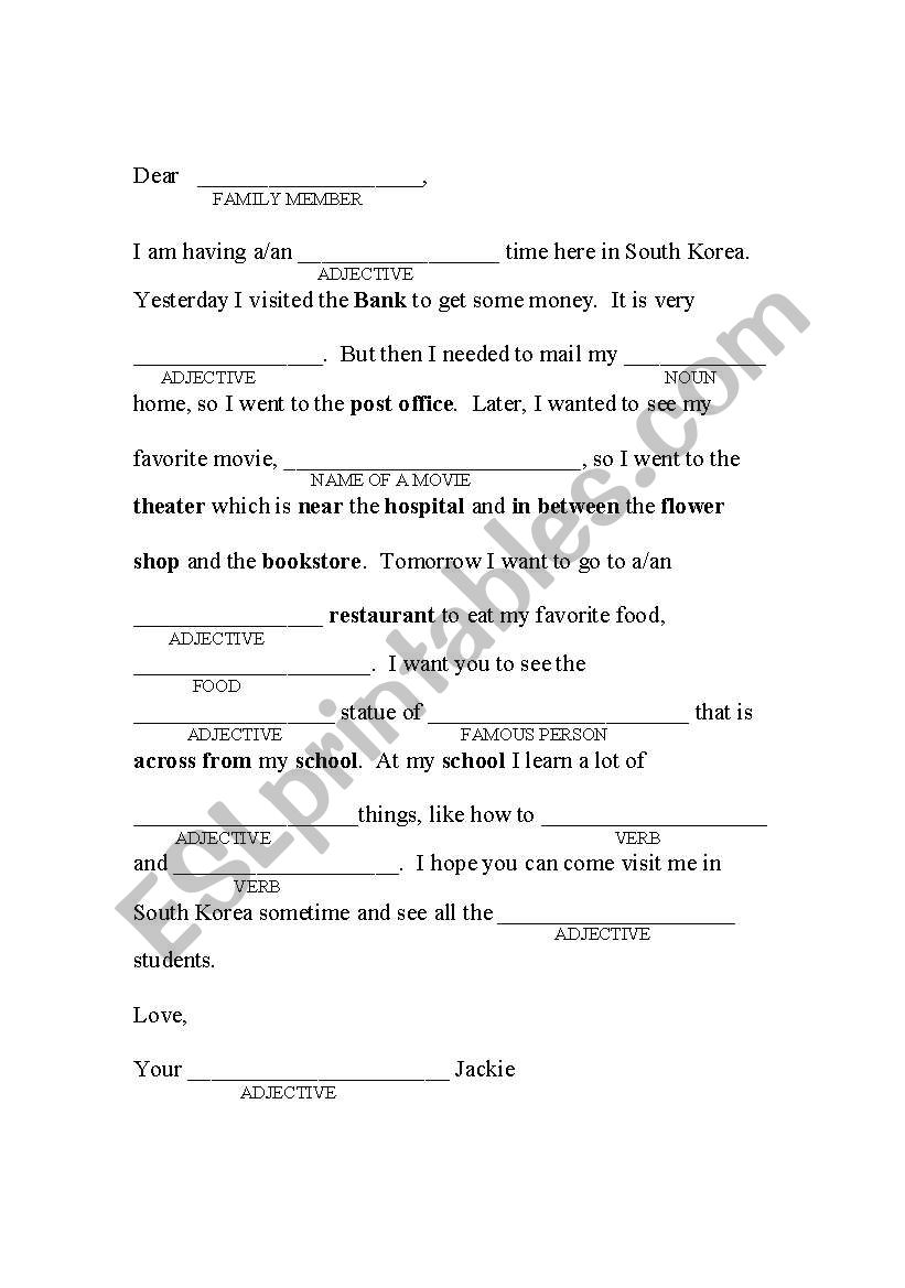 Prepositions/Places Mad Libs worksheet