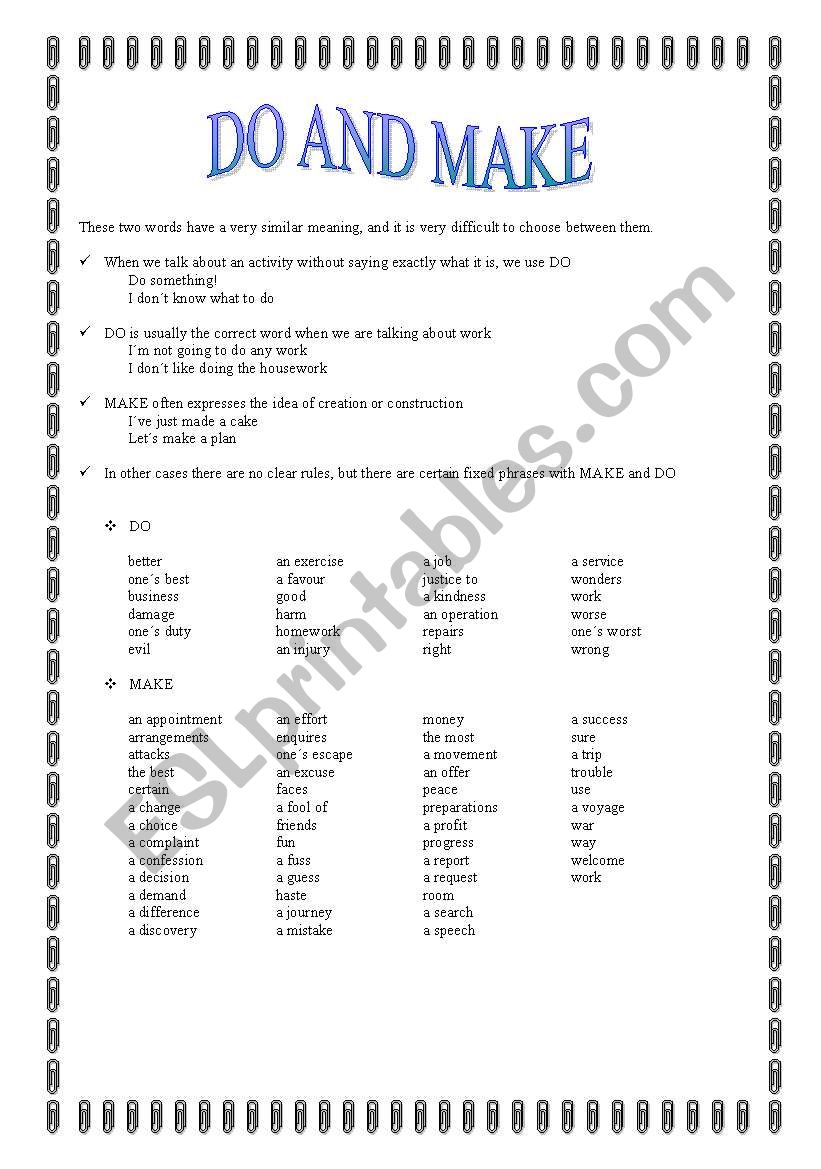 DO AND MAKE worksheet