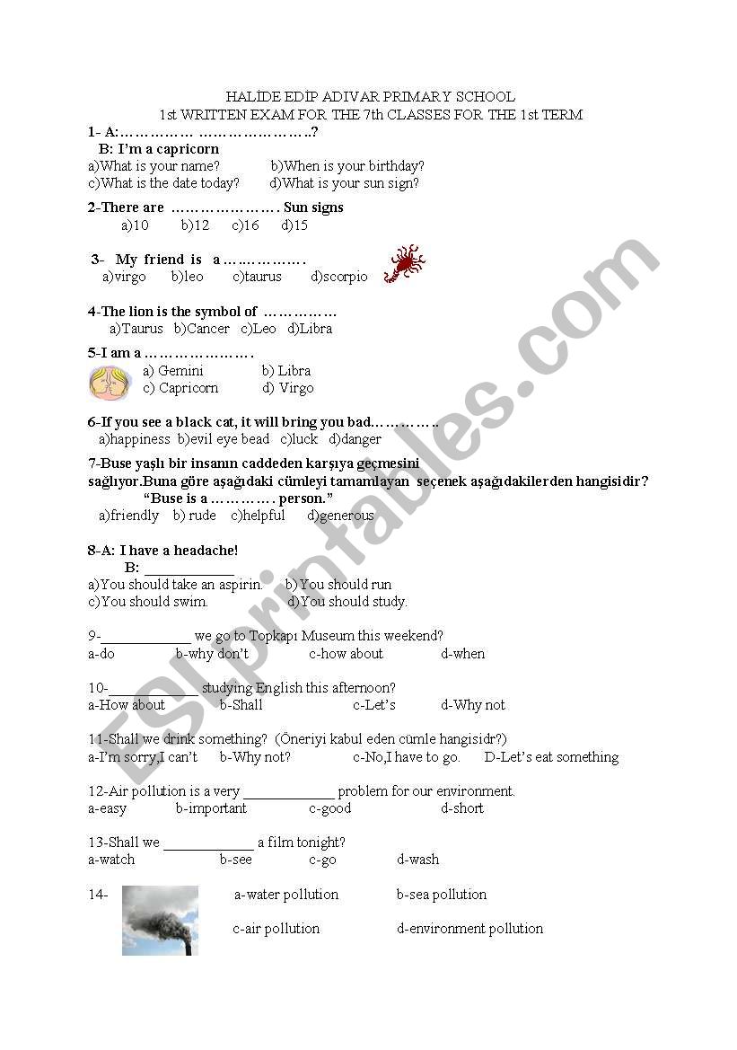7th exam worksheet