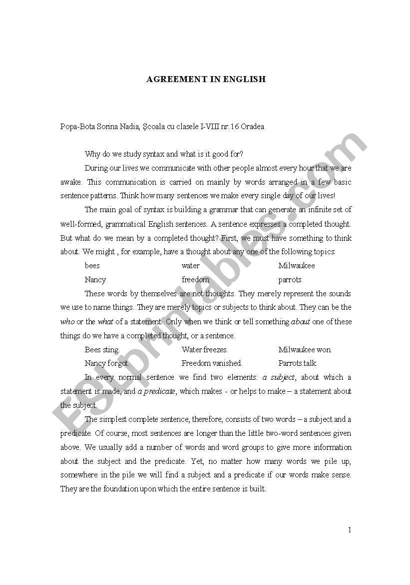 agreement in english worksheet