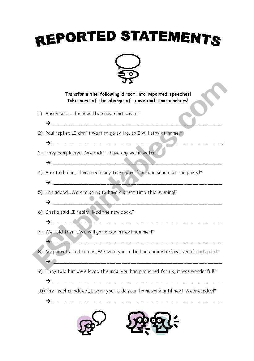 reported statements - past worksheet