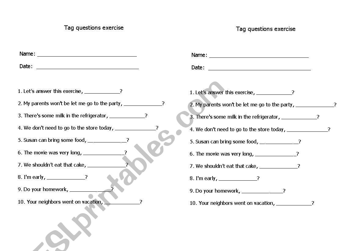 Tag questions exercise worksheet