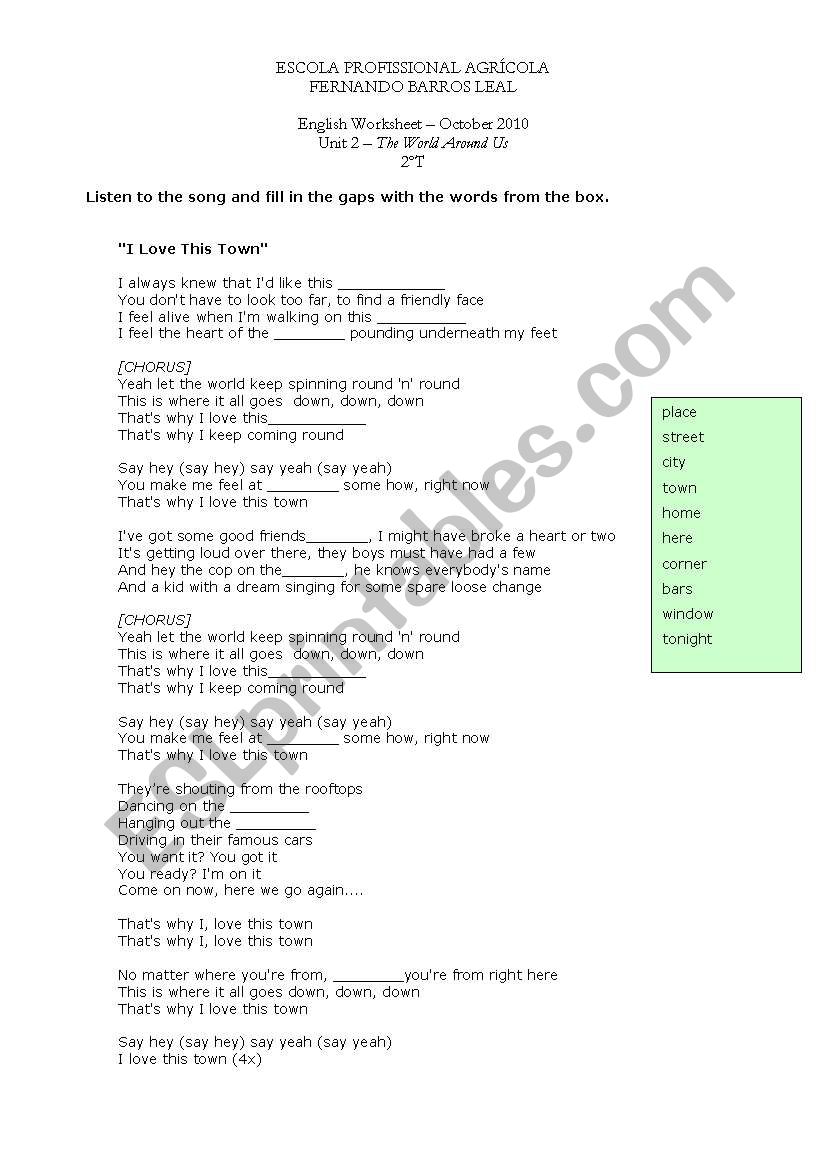 i love this town worksheet