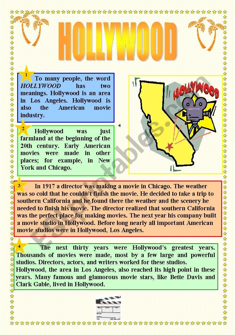 CINEMA & HOLLYWOOD - READING + ACTIVITIES + GRAMMAR (prepositions) + KEY