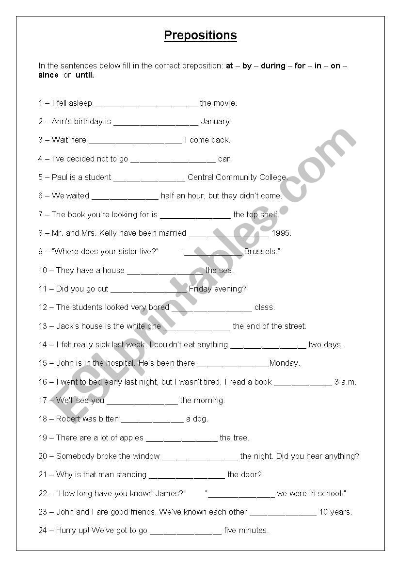 Prepositions worksheet