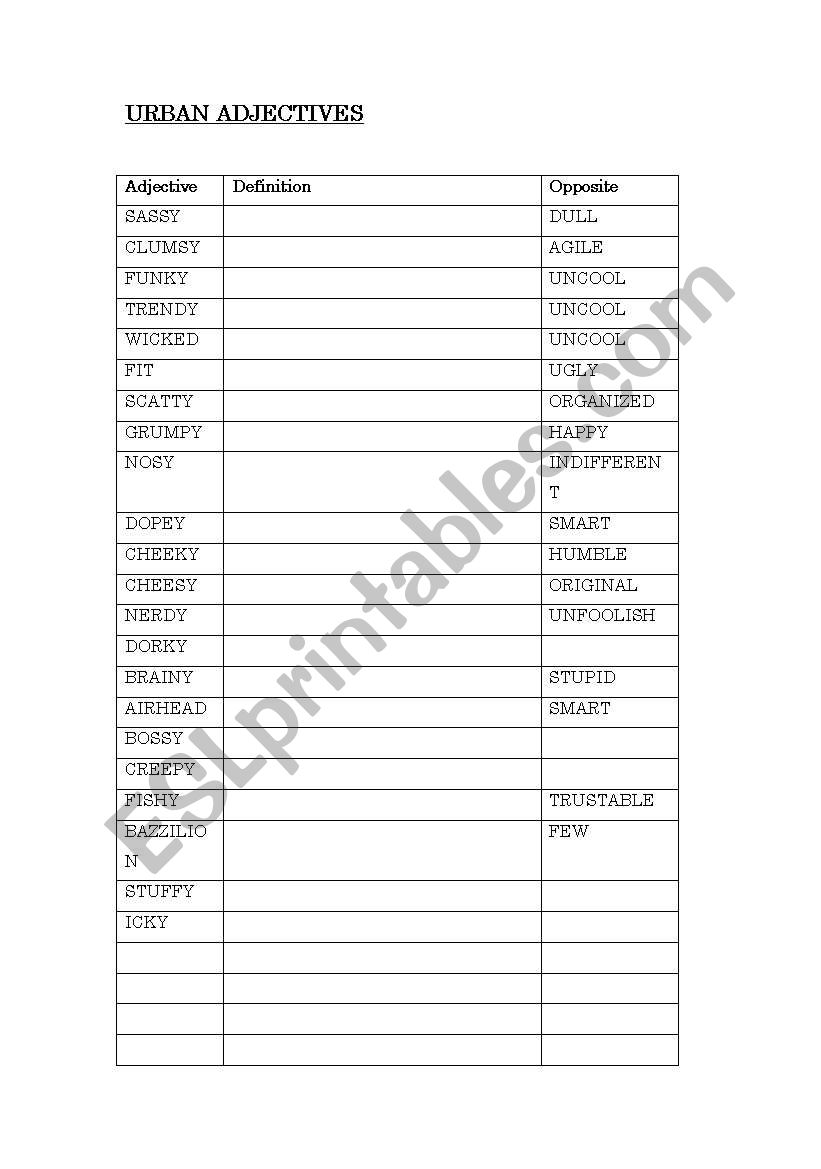 Urban Adjectivves worksheet