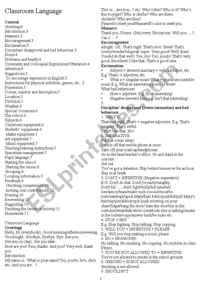 Classroom Language worksheet