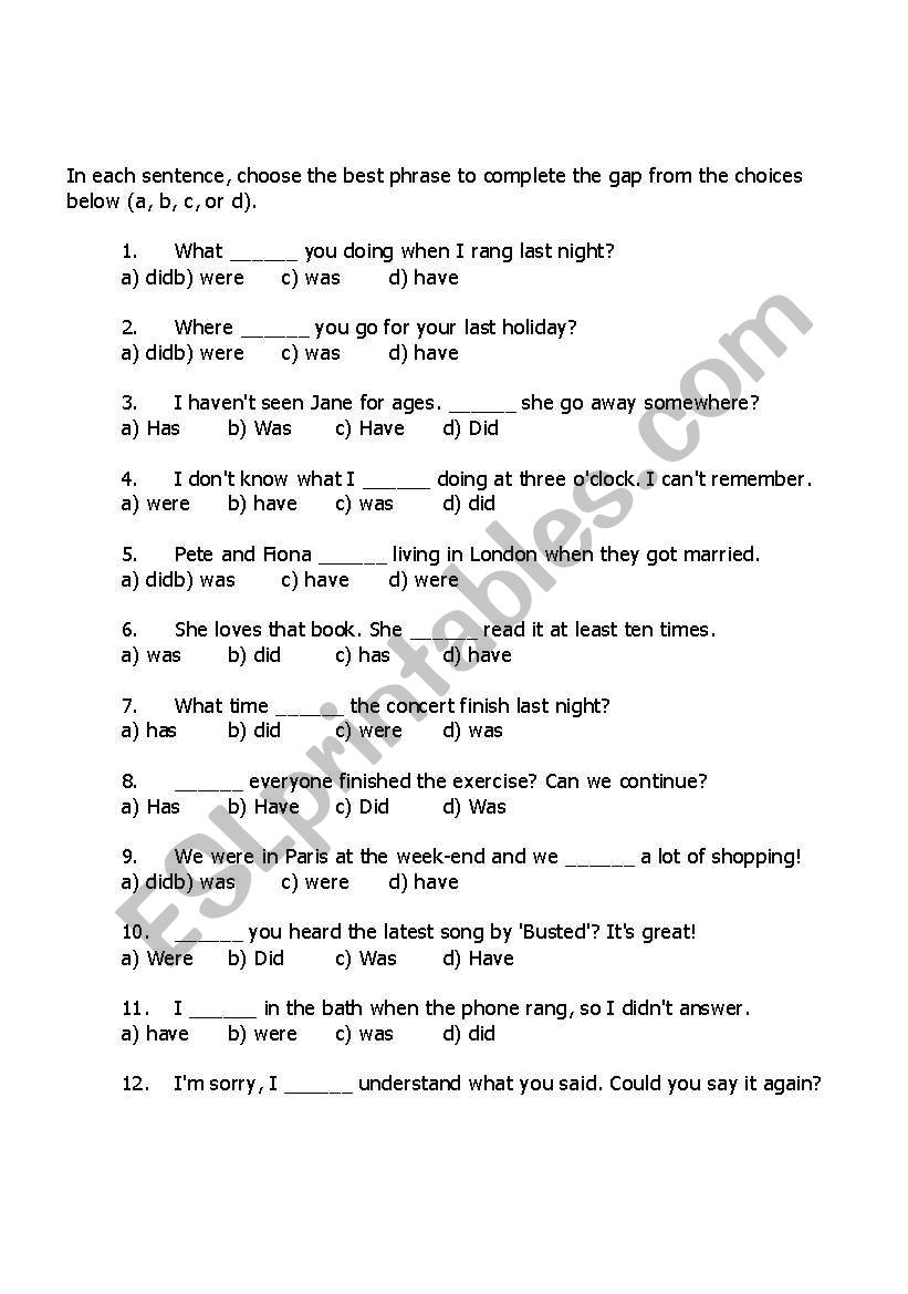 choose the best answer worksheet