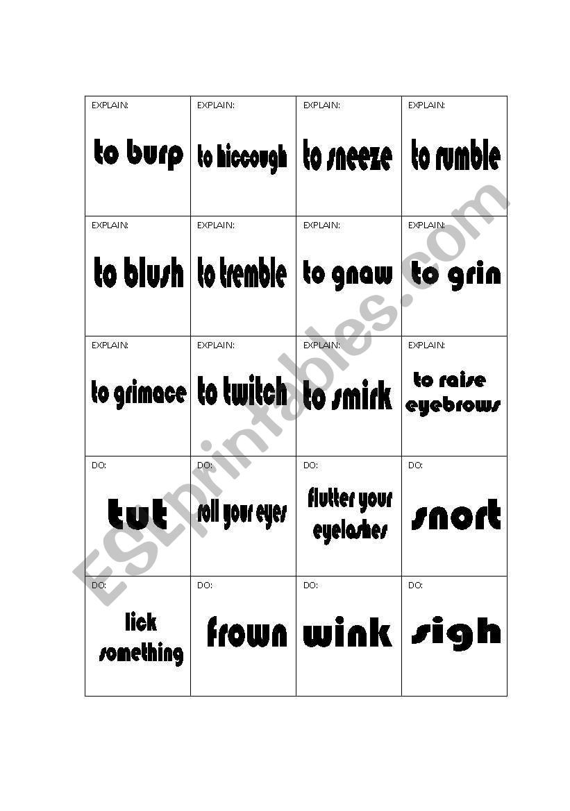 BODY VERBS CARD GAME worksheet