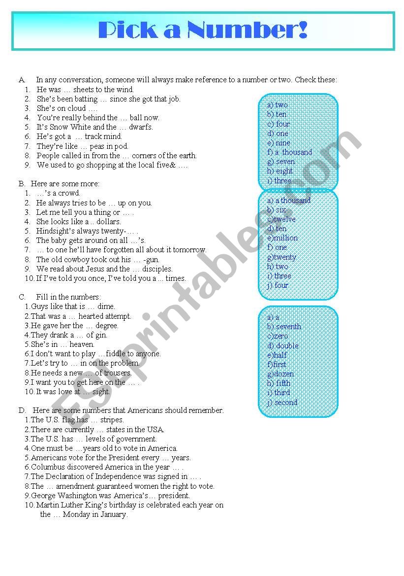 Numbers in phrases worksheet