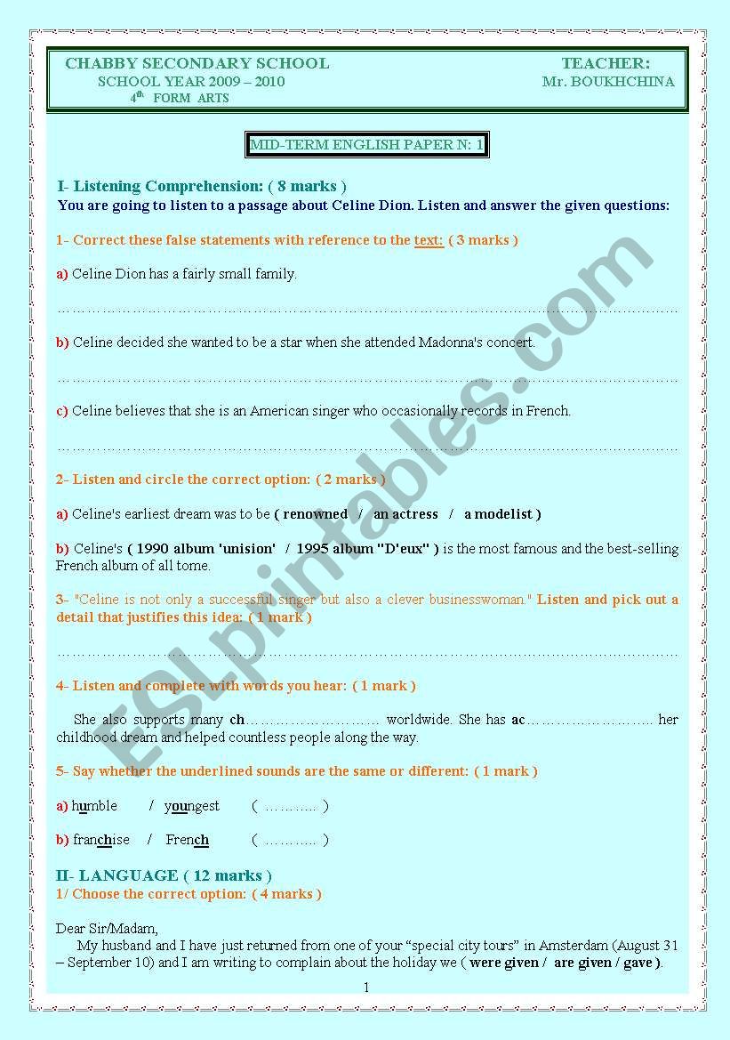 MID-TERM TEST 1 FOR 4TH SECONDARY STUDENTS IN TUNISIA