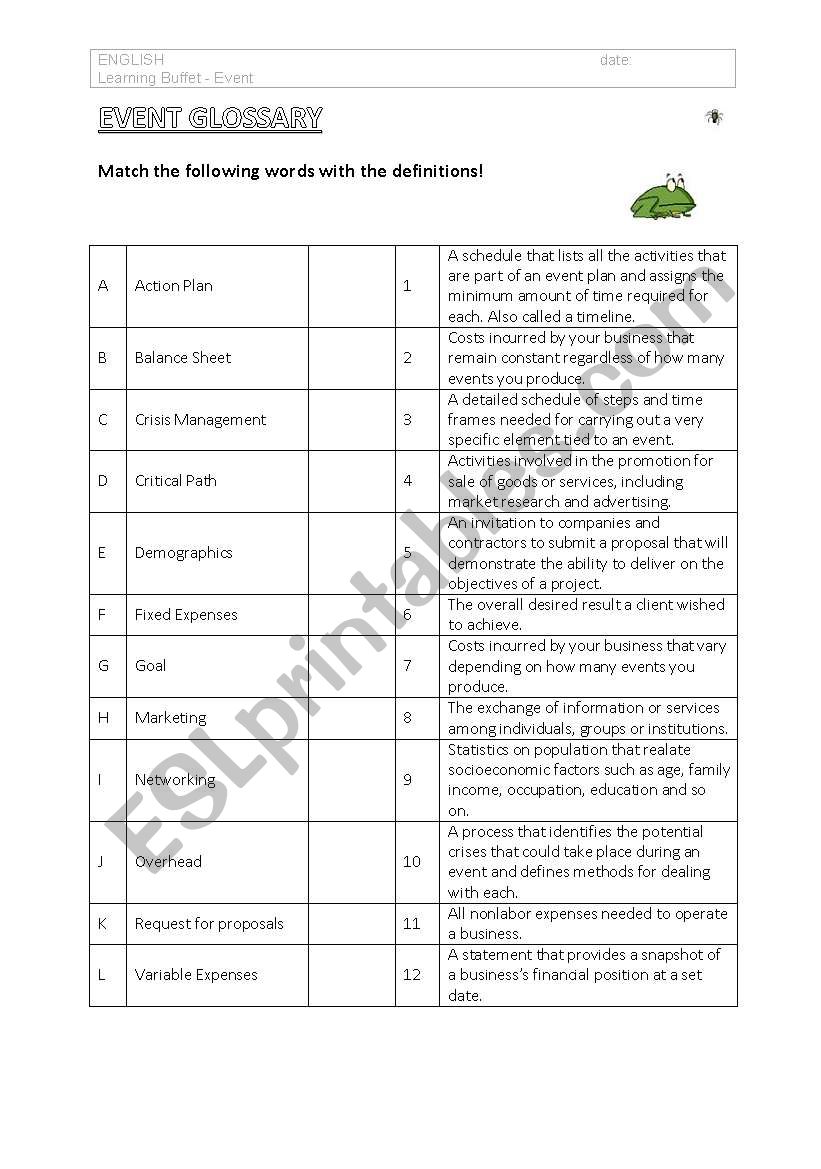 Event Glossary worksheet