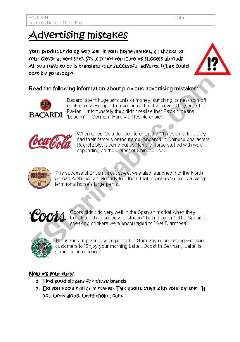 Advertising mistakes worksheet