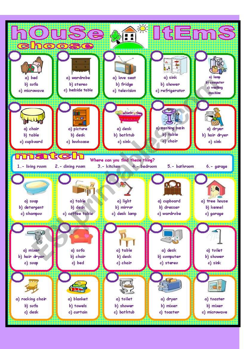 Find Household Items with Pictures - ESL worksheet by aysun0687