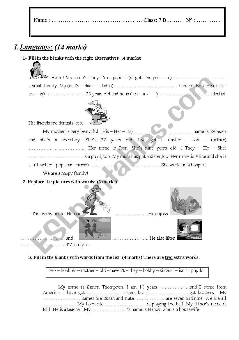Test N°1 (October 2010) worksheet Test N°1 (October 2010) worksheet