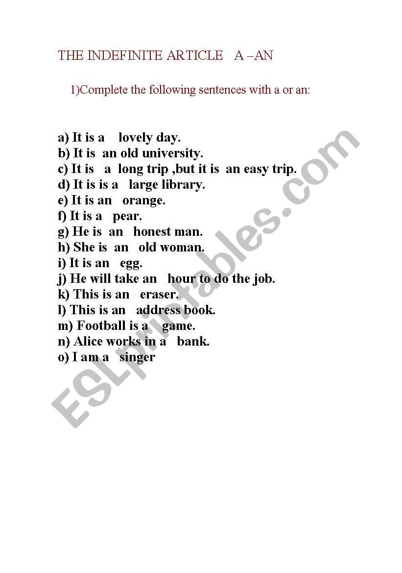 The indefinite article a an worksheet