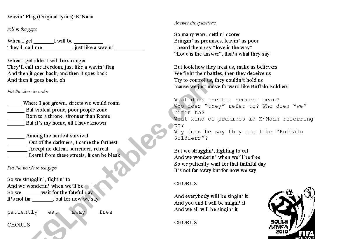 Waving Flag (Original Lyrics) worksheet