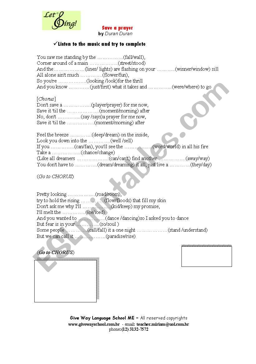 Save a Prayer - Duran Duran worksheet