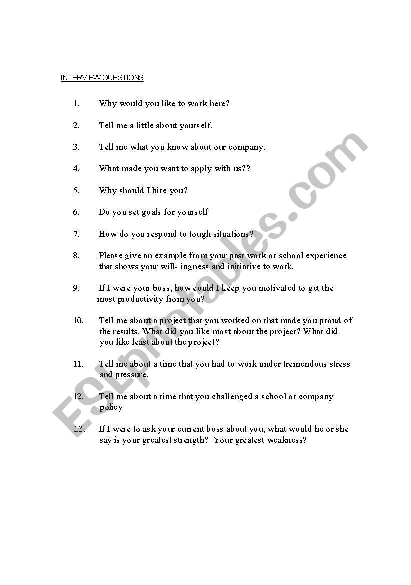 INTERVIEW QUESTIONS FOR INTERVIEW ROLE PLAY - ESL worksheet by rhadd123