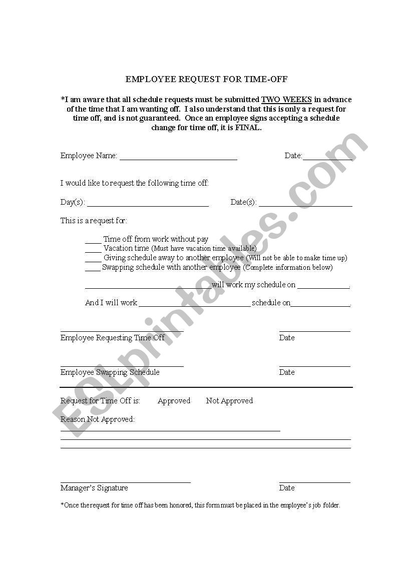Employee Request for Time Off worksheet