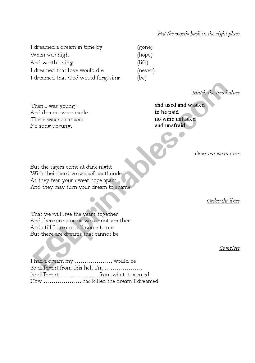 I Dreamed a Dream worksheet