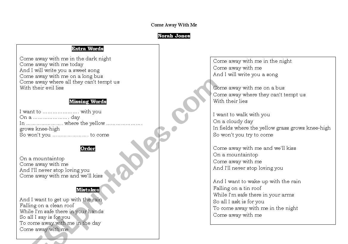 Come away with Me worksheet