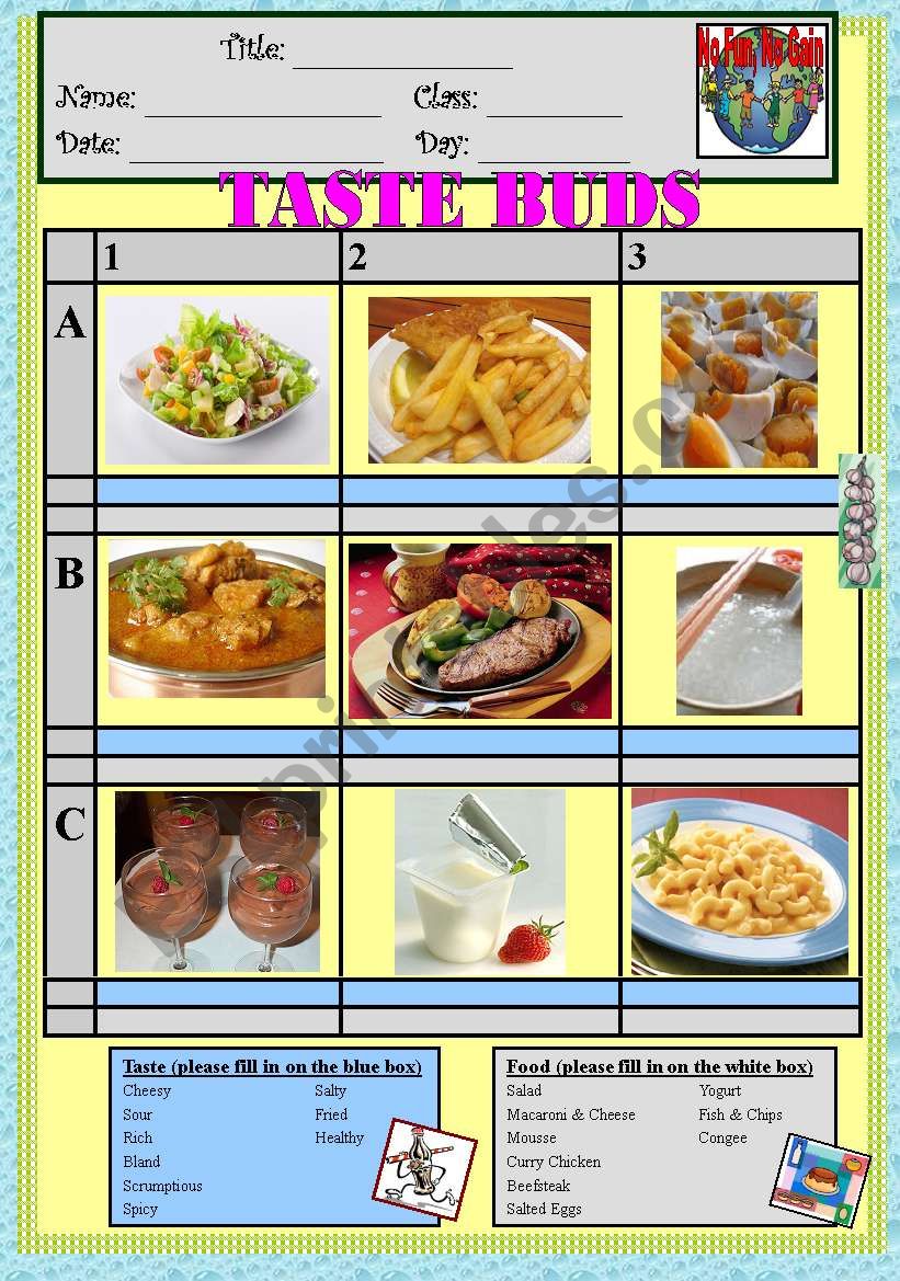 Taste Bud (adj + food) worksheet