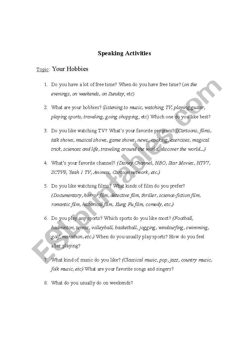 Speaking activities (Hobbies) worksheet
