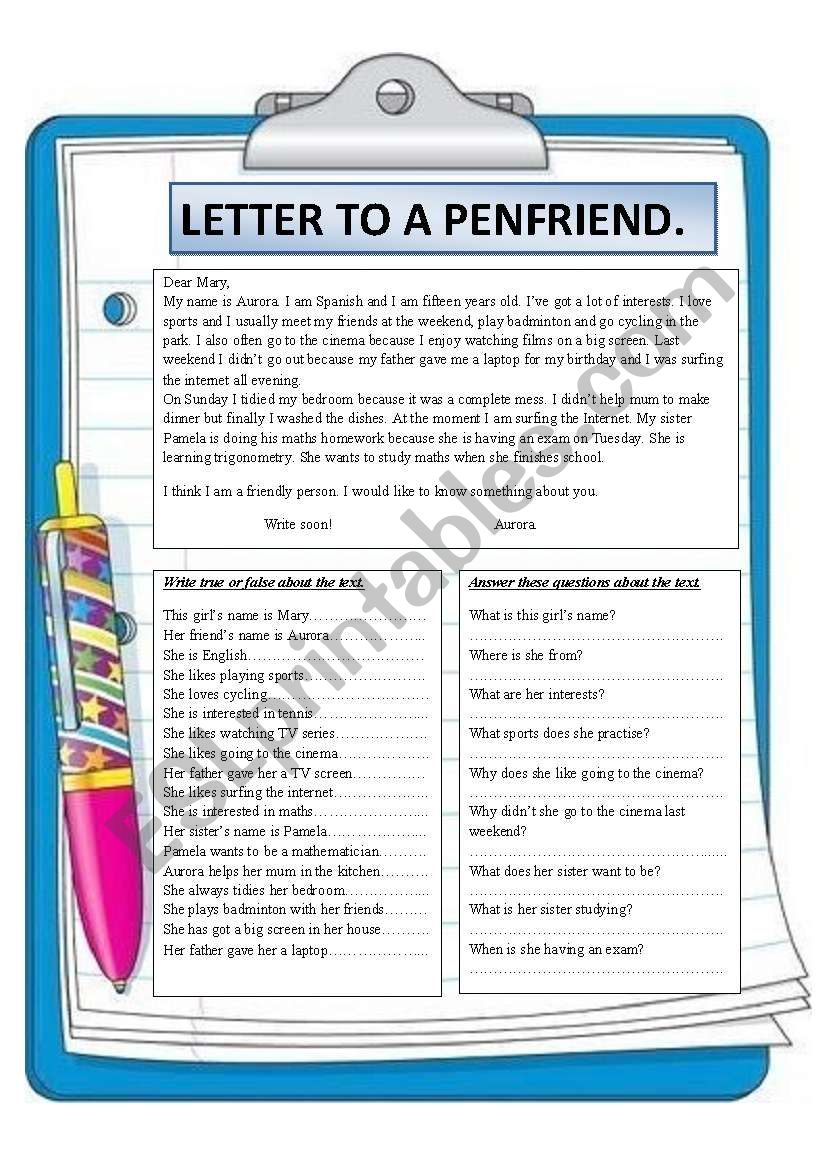 LETTER TO A PENFRIEND. READING.
