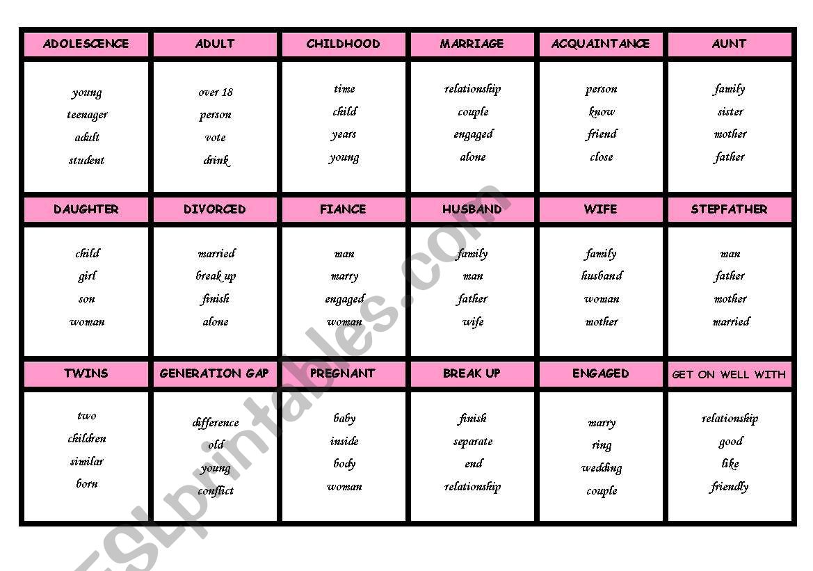 Family - taboo cards worksheet