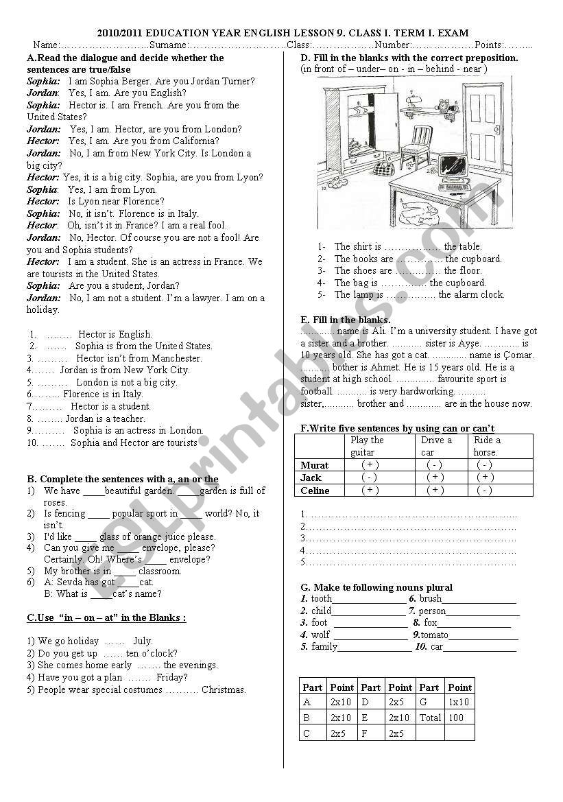 exam for te 9th class worksheet