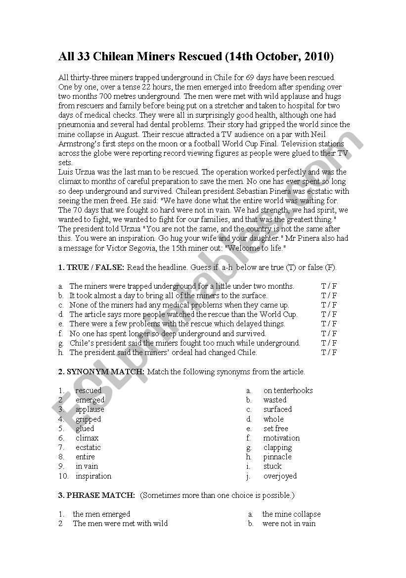 Chilean Miners worksheet