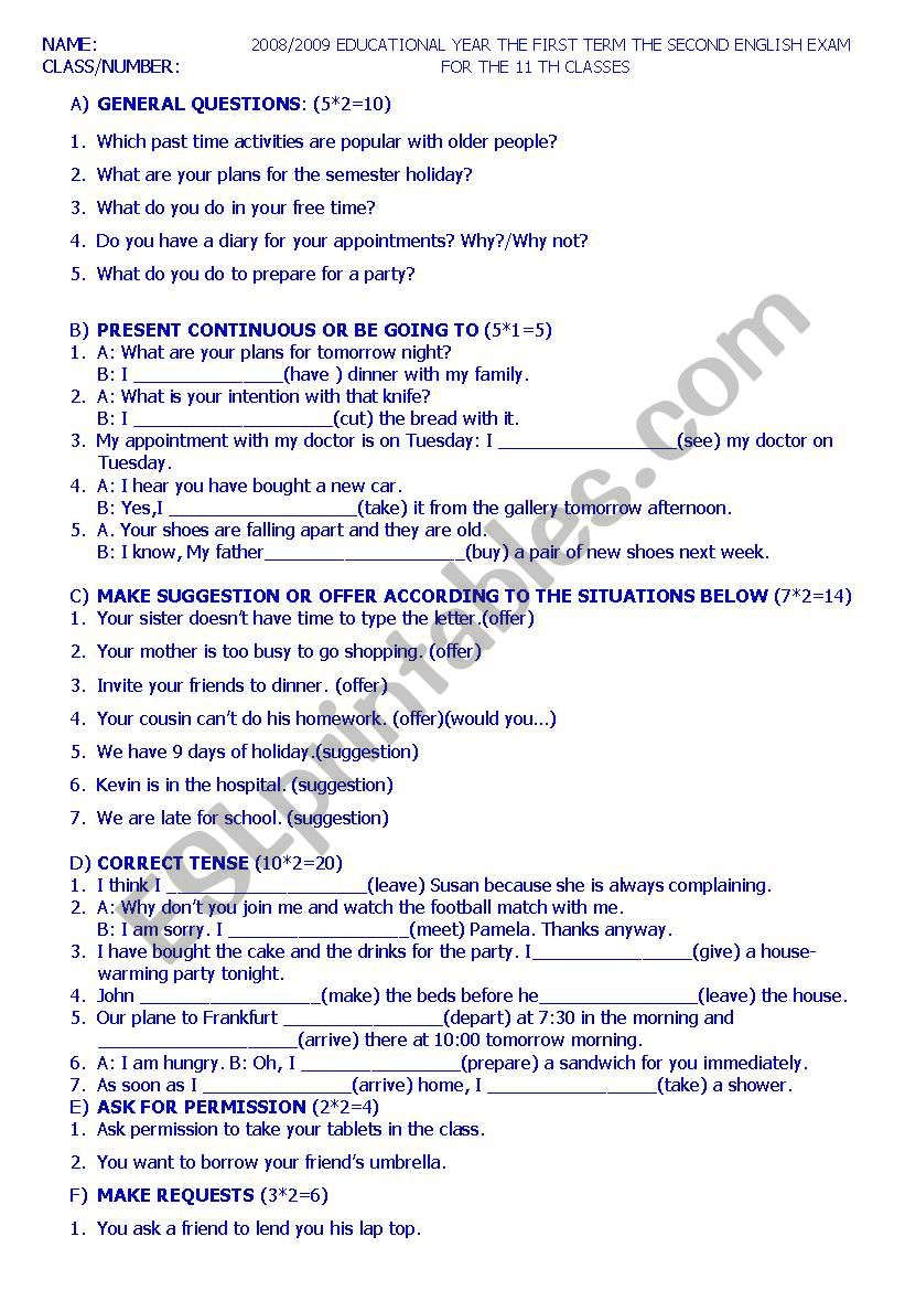 the second englsh exam for the intermediate classes