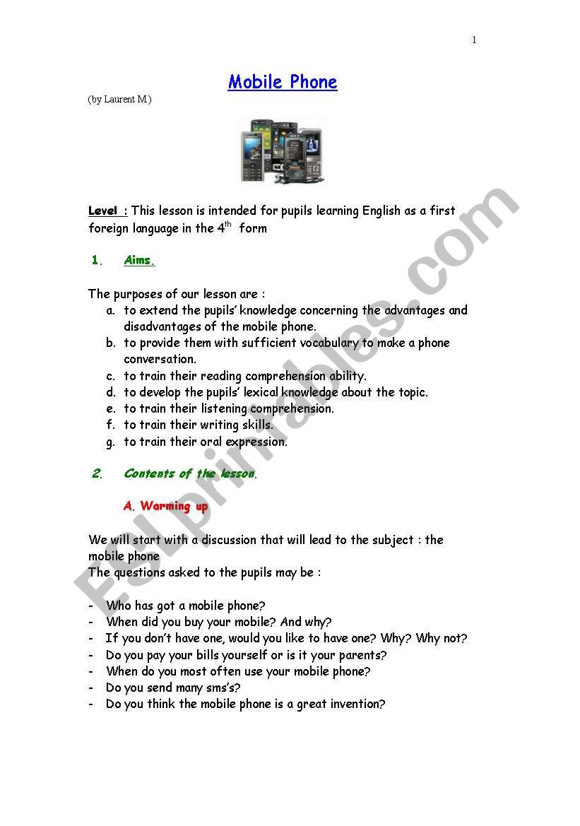 Mobiles Phones Unit worksheet