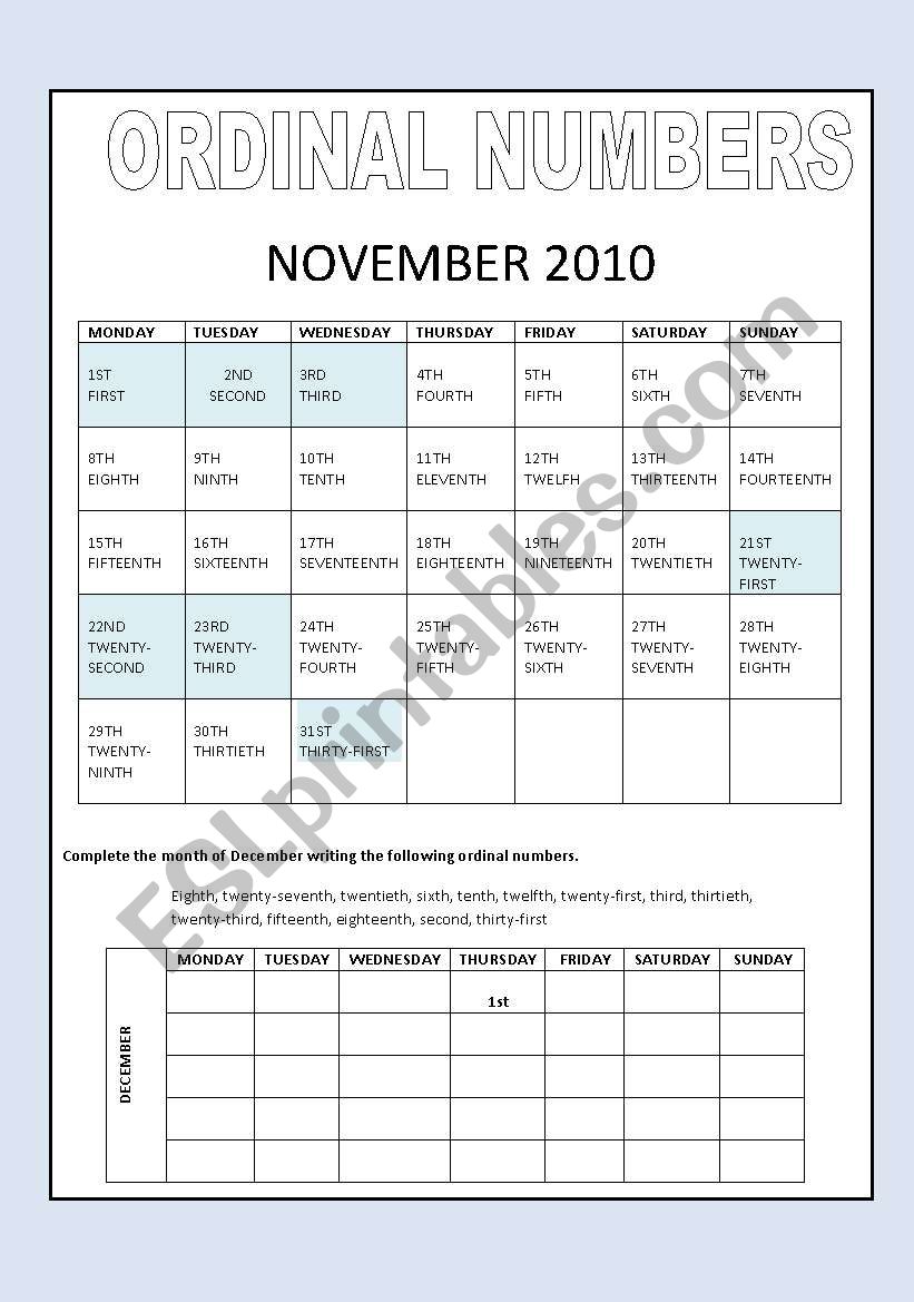 ordinal numbers worksheet