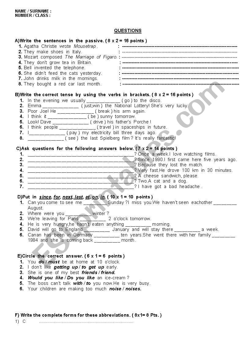 exam questions worksheet