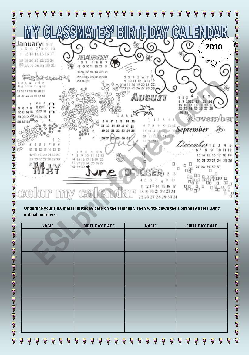 MY CLASSMATESÂ´ BIRTHDAY CALENDAR