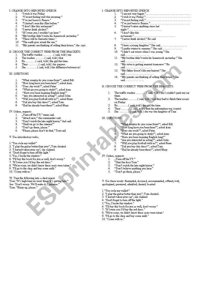 Reported speech exercises worksheet