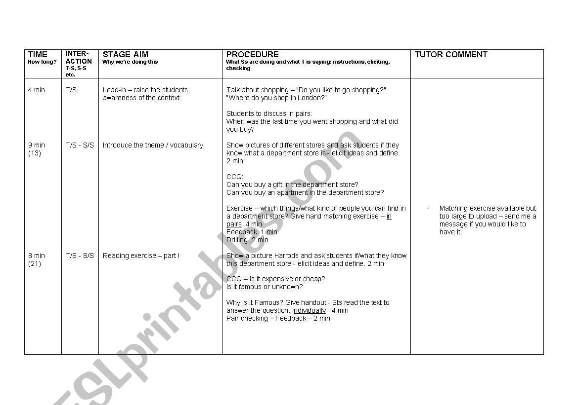 Lesson Plan - Reading worksheet