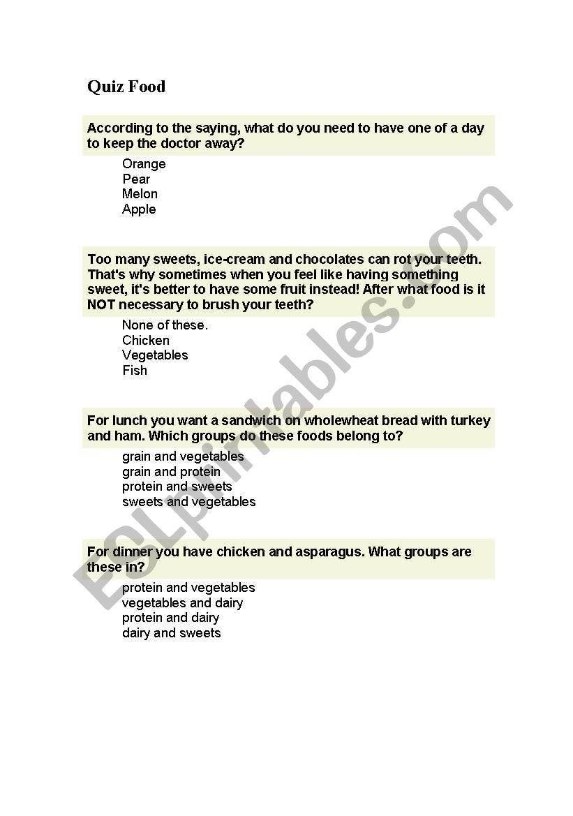 food quiz worksheet