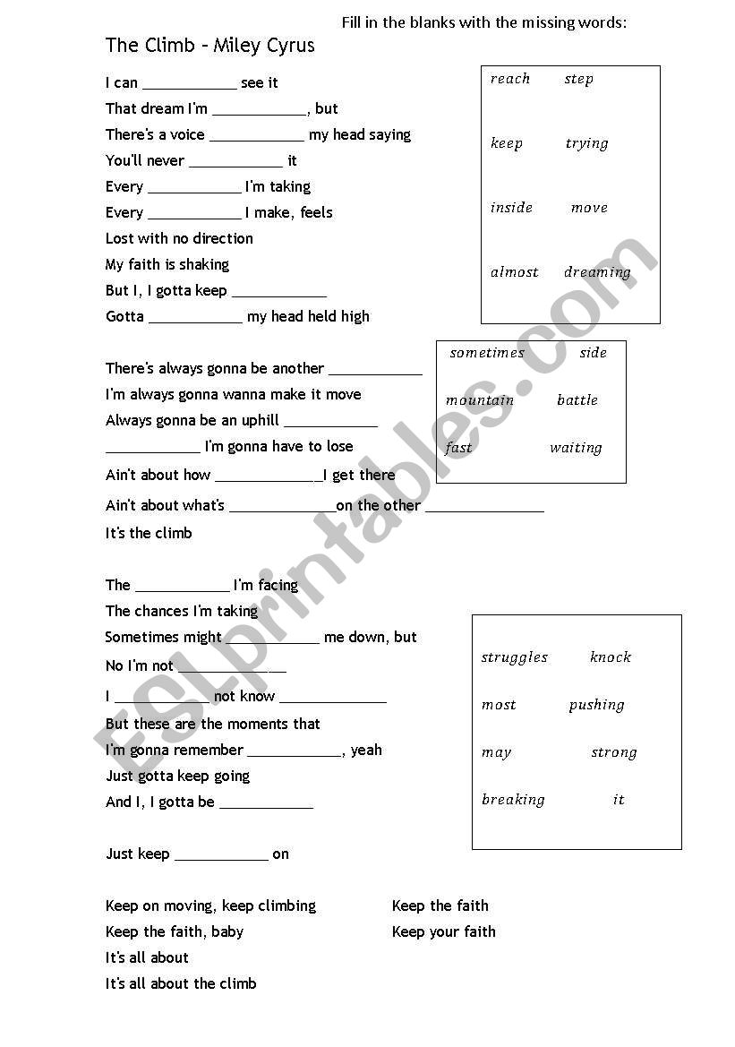 The Climb - Miley Cyrus worksheet