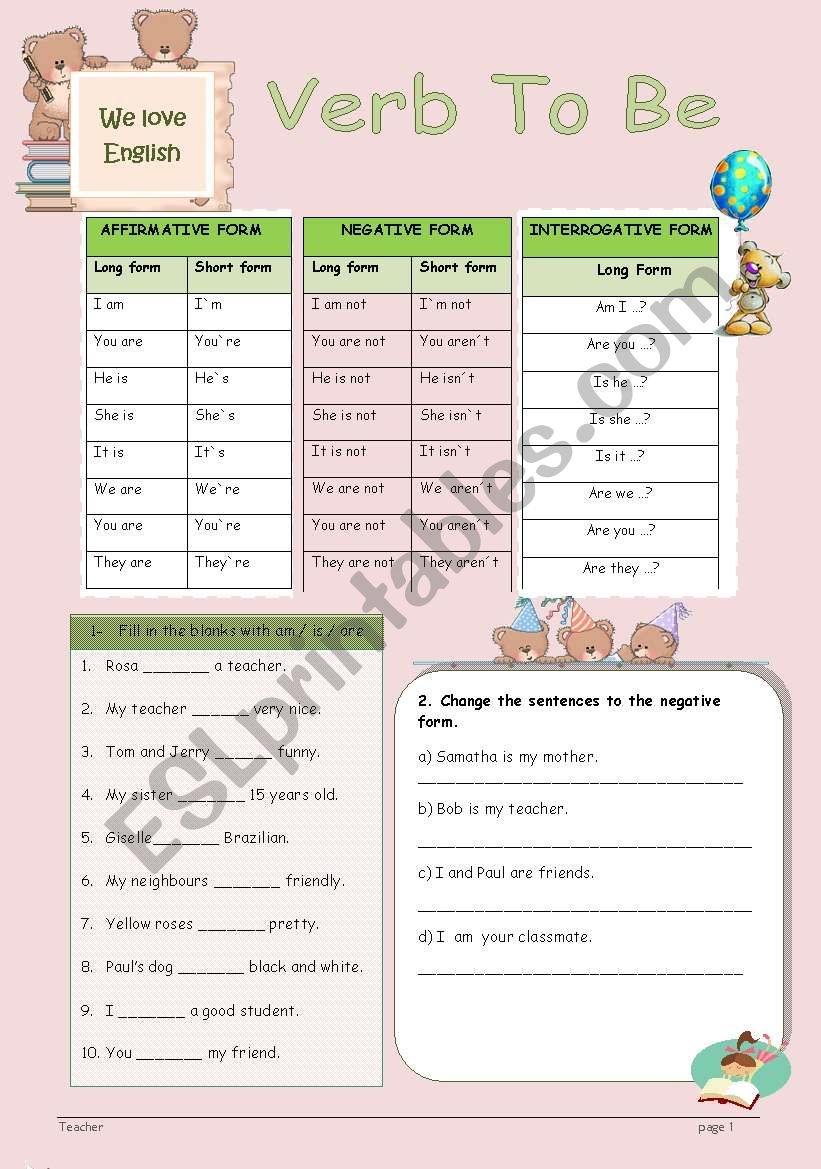 To Be worksheet