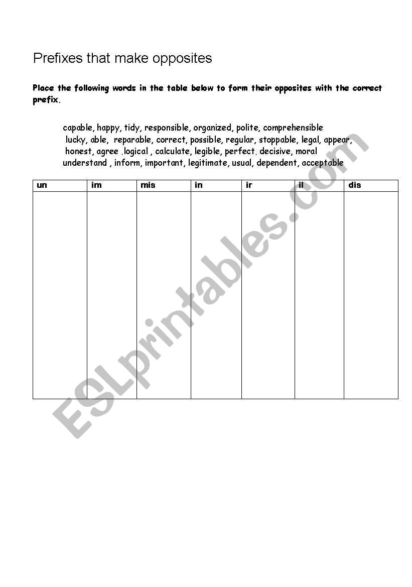 Prefixes that make opposites worksheet
