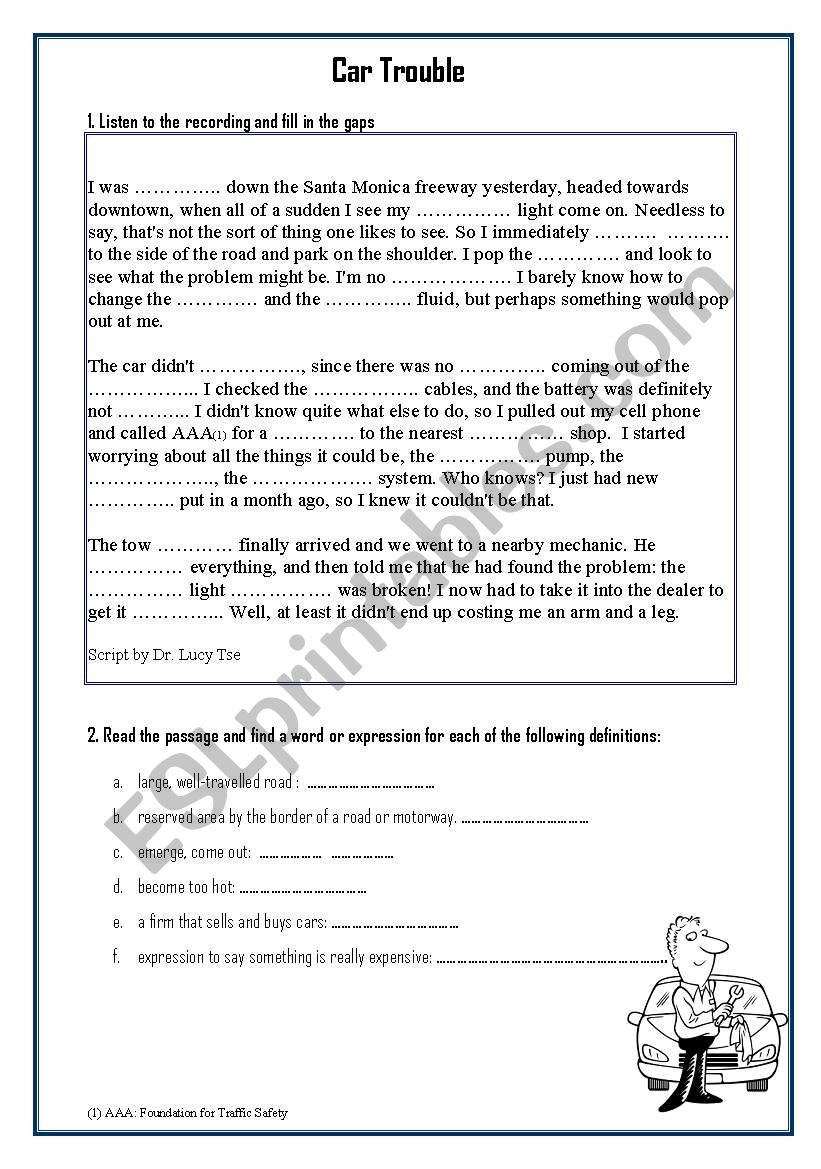 A CAR TROUBLE worksheet