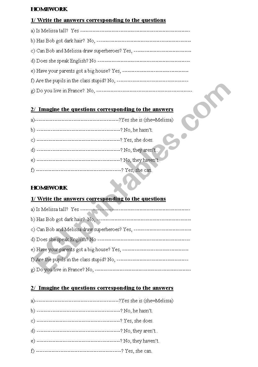 Yes no questions and answers worksheet